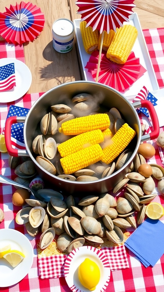 A colorful 4th of July clam bake with clams, corn, and potatoes on a picnic table decorated for summer.